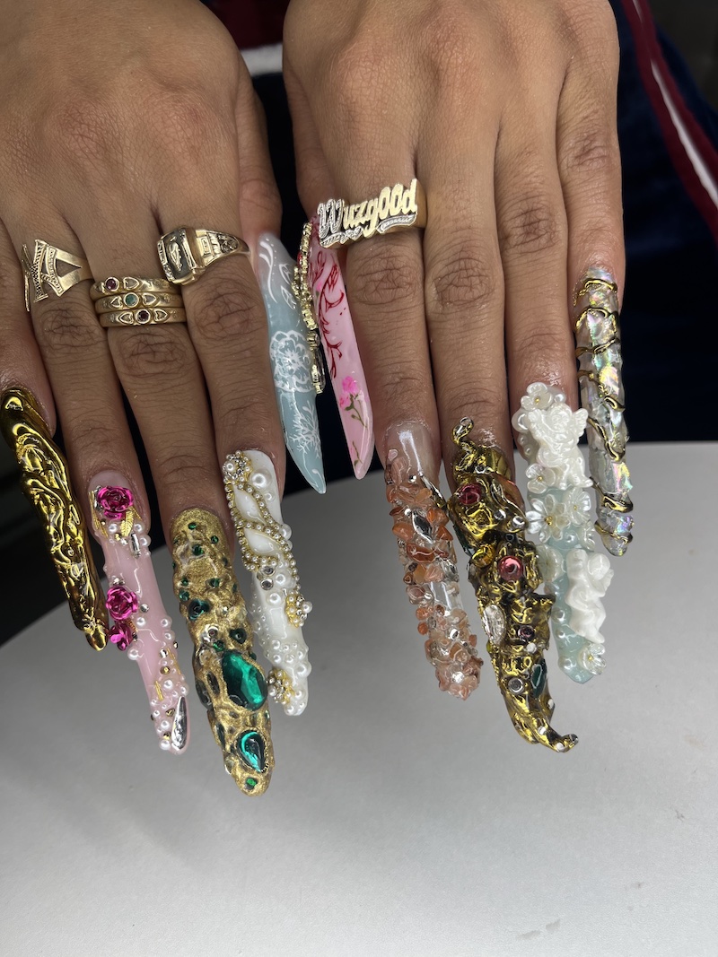 Nail trends, summer nail trends, 3D nails, 3D nail art, adorned nails, long nails, Finesse Your Claws